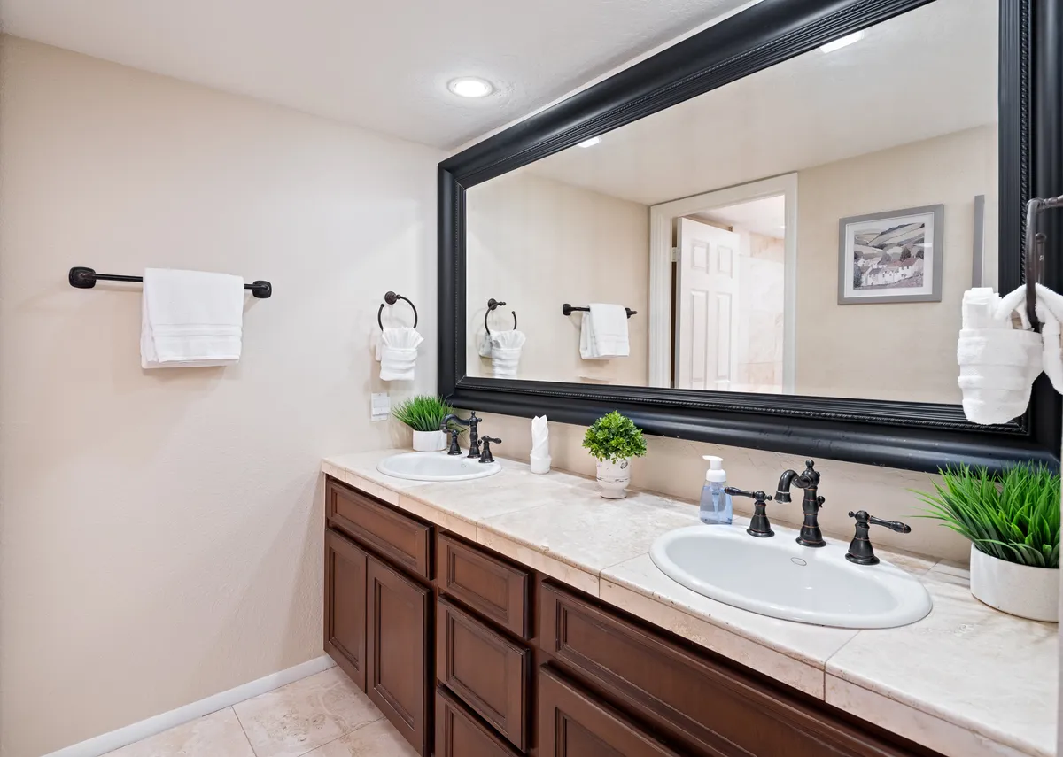A modern bathroom with double vanity sinks, a large mirror, dark wooden cabinetry, and decorative plants. The space is bright and calm, designed for both energy-boosting morning routines and relaxing evening rituals. This bathroom looks both functional and spa-like, directly tying into the en-suite and second full bath features.