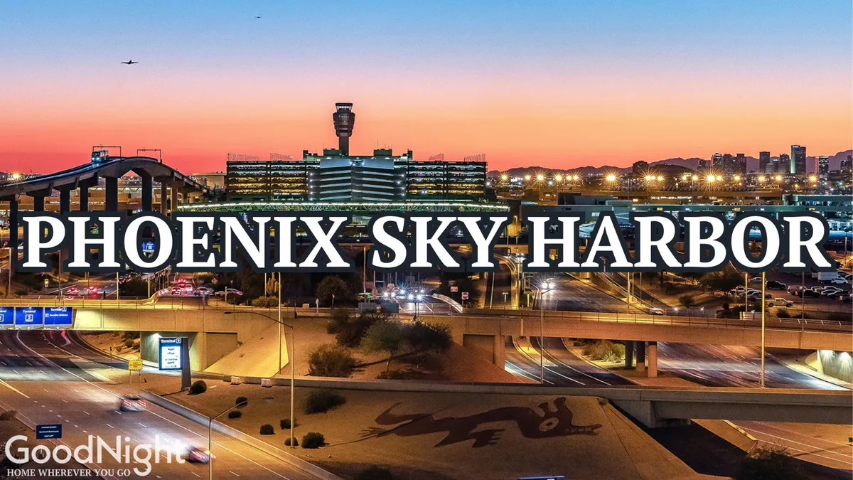 This image features the Phoenix Sky Harbor Airport with the city skyline and a busy highway, encapsulating a sense of connectivity and accessibility for travelers arriving in Phoenix. The energetic atmosphere hints at seamless travel and proximity to major transportation hubs.