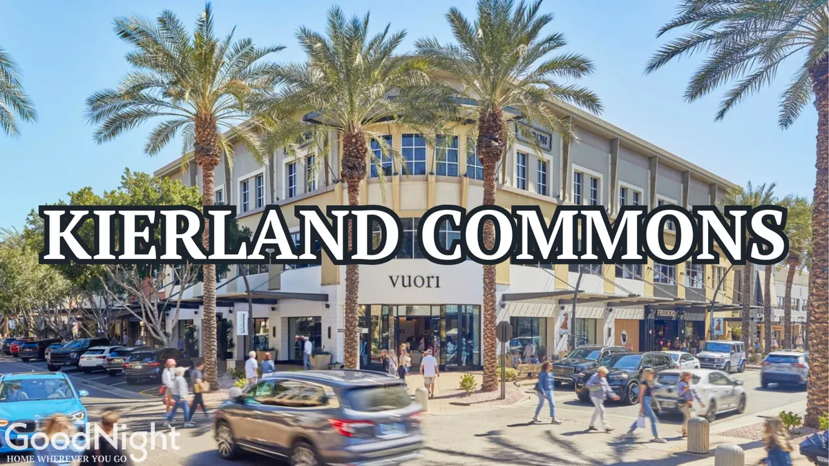 A vibrant streetscape filled with palm trees, stylish storefronts, and bustling pedestrian activity. People are seen shopping, dining at outdoor tables, and enjoying the lively atmosphere of an upscale shopping and entertainment district.