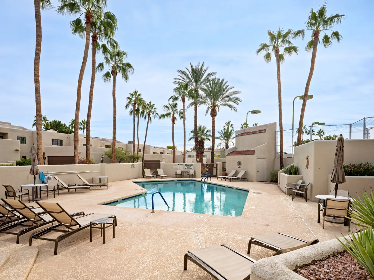 A tranquil resort-style swimming pool surrounded by tall palm trees and several lounge chairs, creating an inviting atmosphere for sunbathing, swimming, and relaxing. The pool area is clean, spacious, and perfect for socializing or family downtime after a day of adventures.